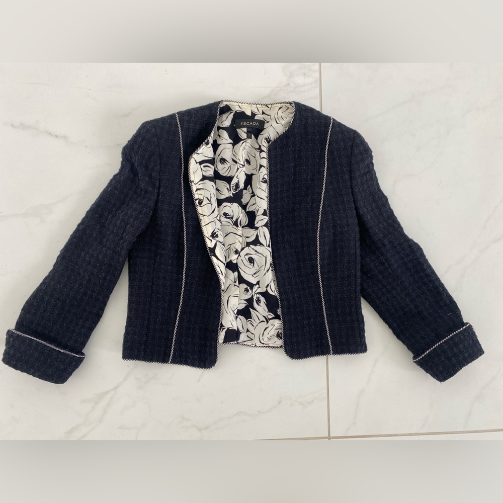 Escada Navy Blazer with Black and White Floral Lining